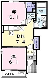JR芸備線 上深川駅 徒歩13分の賃貸アパート 1階2DKの間取り