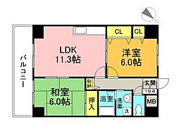 広島電鉄5系統 南区役所前駅 徒歩18分の賃貸マンション 3階2LDKの間取り