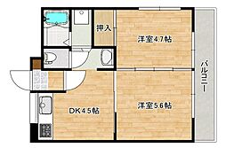 広島電鉄宮島線 楽々園駅 徒歩19分の賃貸マンション 3階2DKの間取り