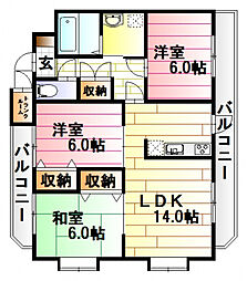 JR可部線 緑井駅 徒歩12分の賃貸マンション 3階3LDKの間取り