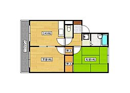広島電鉄5系統 南区役所前駅 徒歩18分の賃貸マンション 2階2DKの間取り