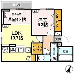 セレスティア坂下 2階2LDKの間取り