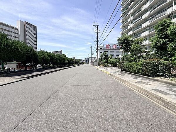 【南西側前面道路】車をゆったりと出し入れすることができます。道路幅にゆとりがあるので、車種を選びません。大きめの車を乗りたい方にもオススメです。