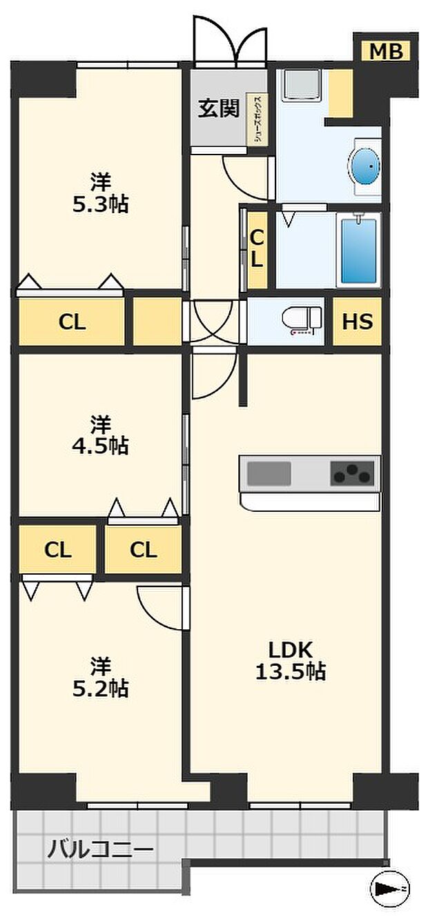 八戸ノ里スカイハイツ(3SLDK) 5階の間取り