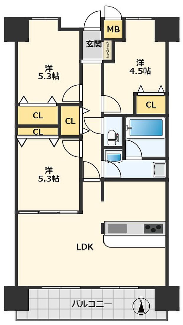 コスモ東大阪(3LDK) 6階の間取り