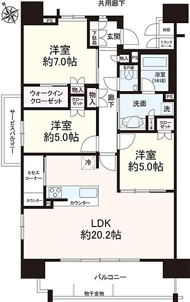 3LDK、価格4480万円、専有面積83.4m2、バルコニー面積11.74m2