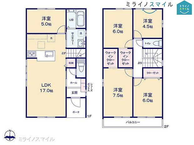 豊富な部屋数が魅力の5LDKの間取りです♪リビングイン階段で家族が自然と顔を合わせる機会が増やせます！