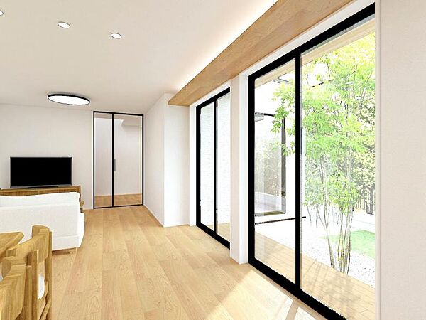完成前でも暮らしのイメージが広がる完成予想パース。外観や街並みとの調和、開放感ある空間設計を視覚的にご確認いただけます。理想の住まいを具体的に描きながらご検討いただける一邸です。