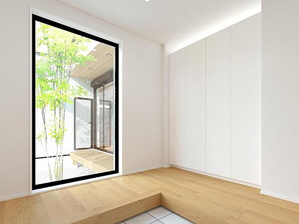 完成前でも暮らしのイメージが広がる完成予想パース。外観や街並みとの調和、開放感ある空間設計を視覚的にご確認いただけます。理想の住まいを具体的に描きながらご検討いただける一邸です。
