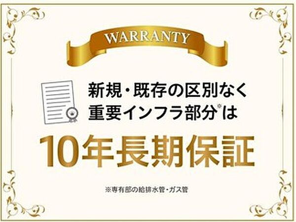 【保証】アライズは全物件の給排水管・ガス管に10年の長期保証が付いています。新規・既存の区別なく、高水準のアフターサービスを実現。住んでからのサポートもご提供しています。