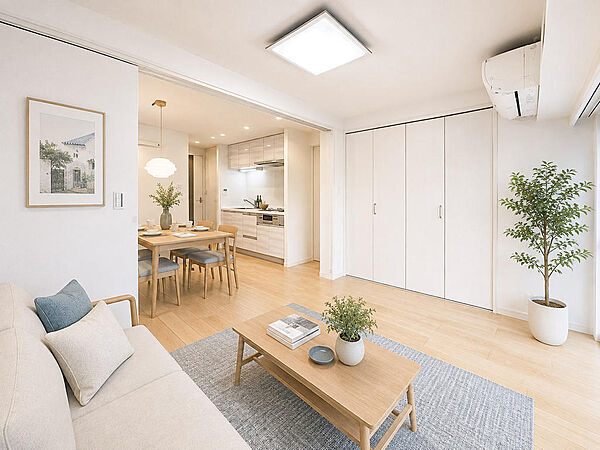リビング・ダイニング・キッチンを一望できる、開放感のあるLDK。住まいの中心となる空間を一枚に収め、暮らしの動線や全体のレイアウトがイメージしやすい一室です。家具はAI生成。