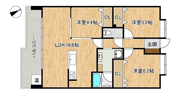 16.8帖の広いLDKが魅力的な3LDKの間取りで快適に暮らせます