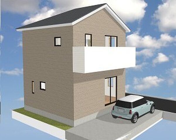 【新築完成予想パース】スタイリッシュな2階建ての暮らしをイメージ！並列・敷地内カースペースも確保した、都市型で無駄のない美しい邸宅デザイン。新生活のイマジネーションが膨らみます
