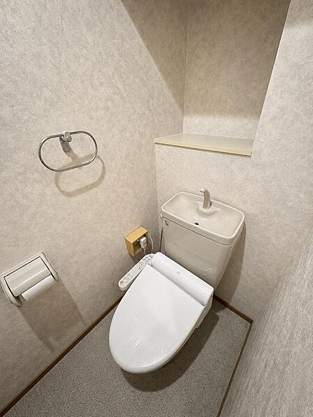 温水洗浄便座付きのトイレです。上部の棚にペーパーのストックを置け、タオルリングも備わっているので身支度の際にも使いやすい造りです。※AIによる家具消し加工を行なっております。