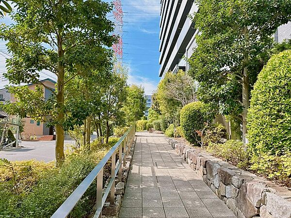 住棟沿いに続く歩行者用のアプローチです。石積みと植栽に挟まれた通路はゆとりのある幅で、段差の少ない歩きやすい造りとなっています。お子様と手をつないでゆっくり歩いていただける動線です。