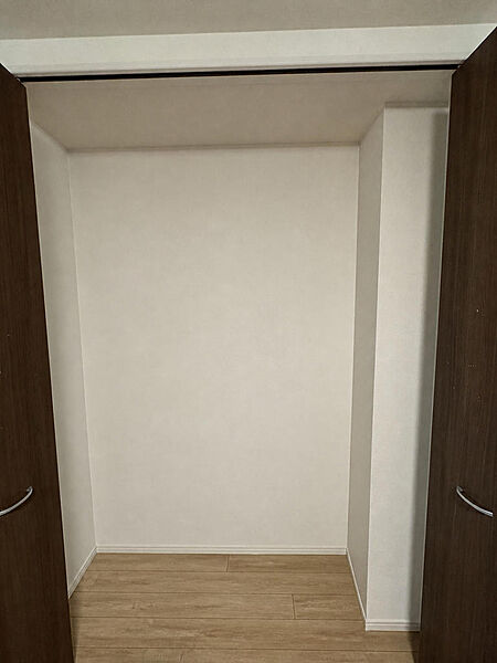 奥行きのある収納です。衣類だけでなく、まとめ買いした日用品や季節の寝具の置き場としてもお使いいただけます。ハンガーパイプと棚が付いています。