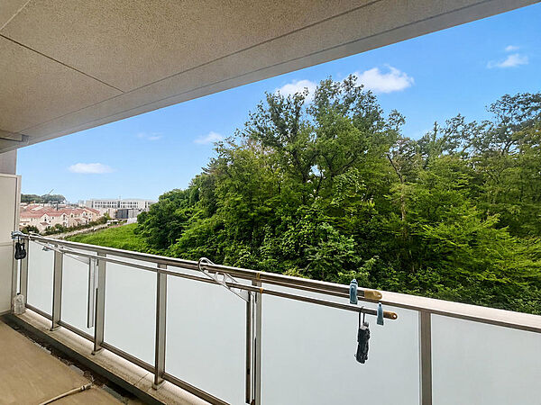 バルコニーからは、目の前の木々と周囲の建物が見える景色です。手すりや物干しの位置も写真でご確認いただけます。ご見学の際には室内からの見え方と合わせて、外の音や周辺の様子もお確かめください。