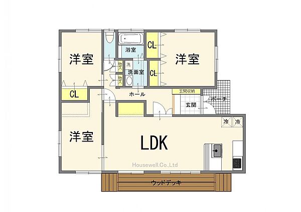 3LDKとして使える平屋の間取り図です。LDKに隣接する和室、独立した洋室2部屋、水回りや収納の配置など、ご家族の暮らしをイメージしながらご覧ください。日々の家事動線も確認できます。