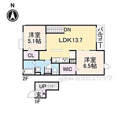 パレス田原本 2LDKの間取図画像