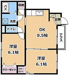 グランデサウタール 1階2DKの間取り