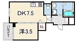 西宮市熊野町アパート 1DKの間取図画像