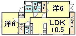 バウムライエ甲風園 2LDKの間取図画像