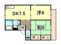 トロアメゾンA棟 2DKの間取図画像