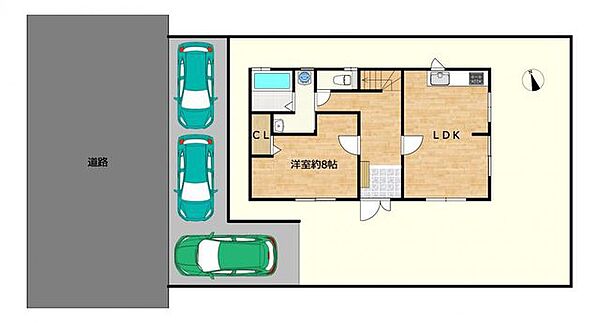 【区画図】駐車3台可能（車種による）。前面道路も約6ｍあり、別々に出入りできます。