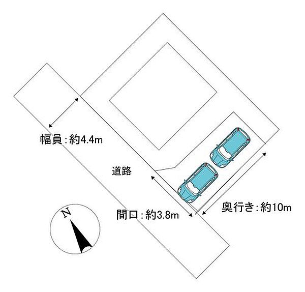 区画図です。駐車場は2台駐車できるように拡幅しました。間口も拡張し、さらに駐車もしやすくなりました。