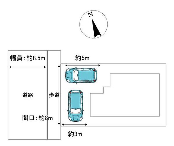 区画図　車は2台駐車できるスペースがあります。前面道路には歩道があるため小さなお子様がおられても安心です。