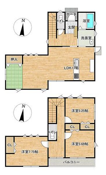 間取り図です。リビングにタタミコーナーがある3LDKの物件です。2階にもトイレがついています。