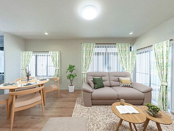【リフォーム済み/LDK】CG合成で家具を配置したイメージです。DKと居間を繋げ、約16帖のLDKにリフォームします。フローリング重張、クロス張替え、建具・照明等の交換を行いました。