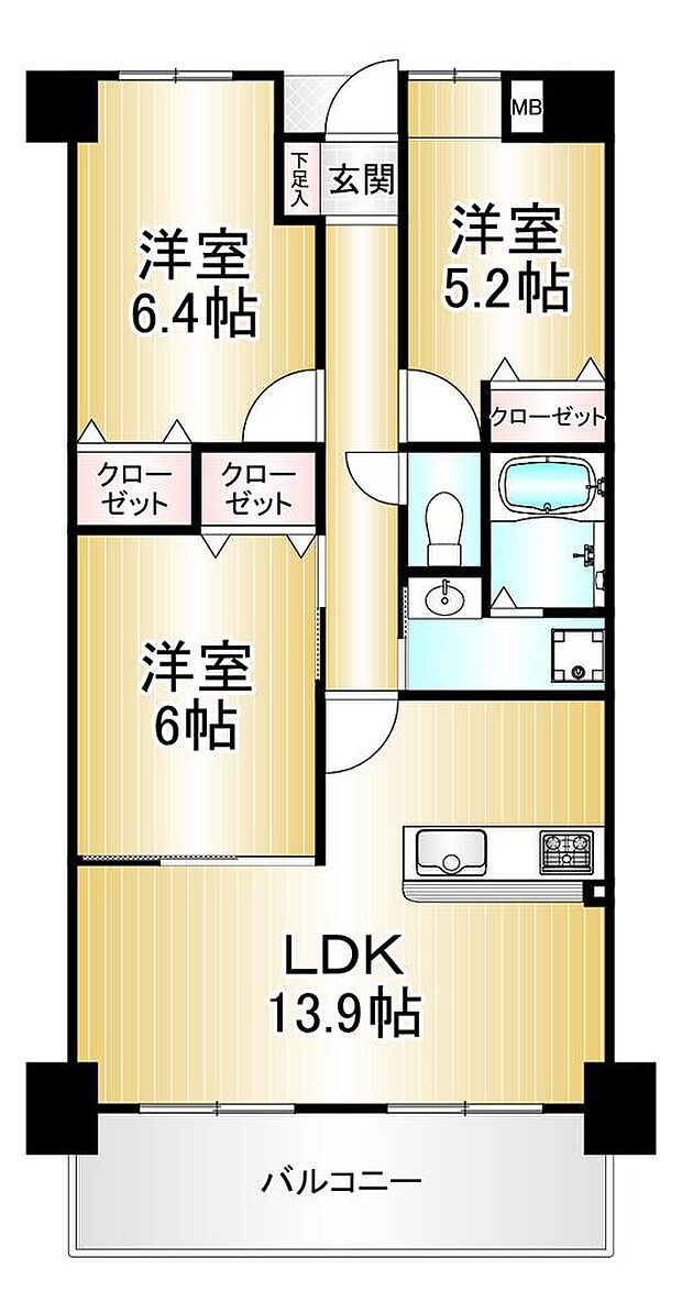 キングマンション姫島V(3LDK) 5階の間取り