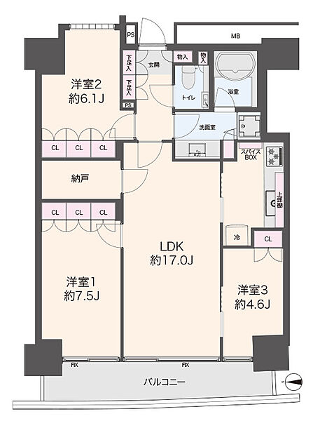 間取図　3LDK+納戸専有面積：79.76m2（24．12坪）※壁芯バルコニー面積：10.65m2各居室にCLを完備し、納戸や下足入れもあり、収納豊富。長めの良いバルコニーも魅力。