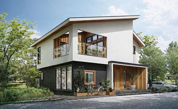 参考プランA(1宅地)・外観パース自然と調和するモダンな2階建て住宅。外観は白と黒のコントラストが洗練された印象を与え、木のアクセントが温かみを添えています。