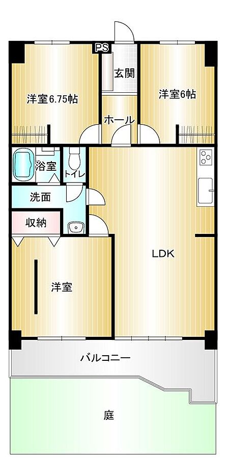 庭付き。家事動線に配慮された間取りです。