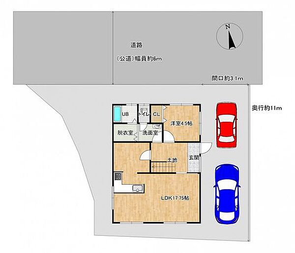 【配置図】前面道路は幅員約6ｍあるので駐車がしやすいです。普通車2台駐車可能です。