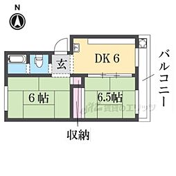 近鉄奈良線 新大宮駅 徒歩9分の賃貸マンション 2階2DKの間取り