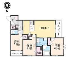 近鉄奈良線 若江岩田駅 徒歩12分の賃貸マンション 3階3LDKの間取り