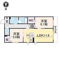 近鉄奈良線 若江岩田駅 徒歩4分の賃貸マンション 2階2LDKの間取り