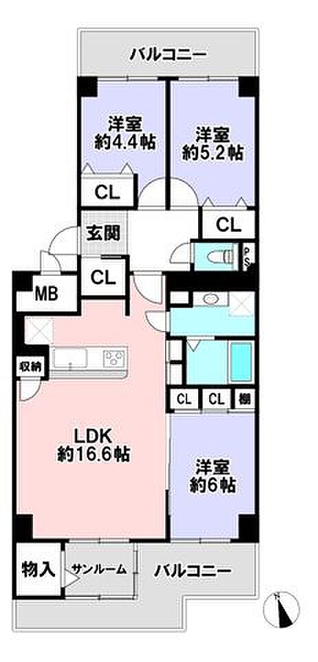 LDKと洋室が南向きで陽当り良好♪2面バルコニーあり通風も良好です。3LDK、各居室収納も充実しており、ファミリー向けの間取です！