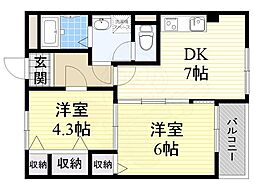 メゾン浮孔 2階2DKの間取り