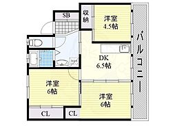 ヴィラナリー御所1号棟 4階3DKの間取り