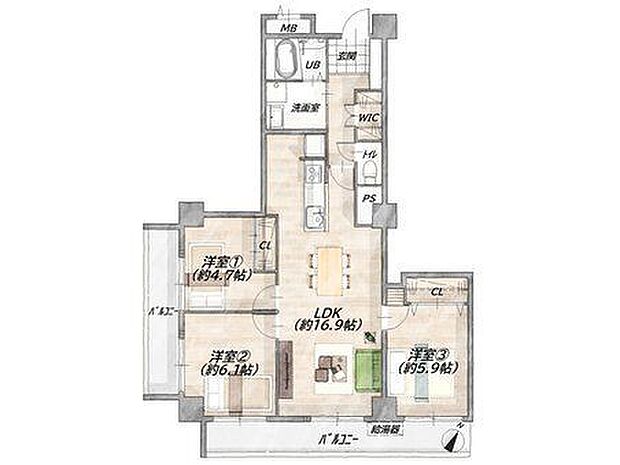 ドルミ新淀川15番館(3LDK) 9階の間取り