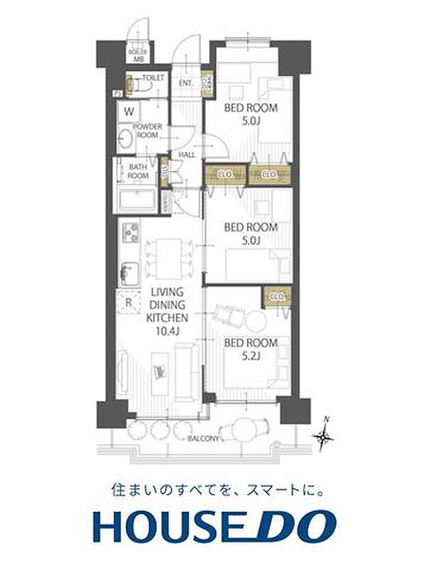 3LDK、価格2190万円、専有面積55.72m2、バルコニー面積8.1m2 ≪間取図面≫コンパクトながらも各部屋にゆとりがあるのが魅力です。南側に2部屋あるのも嬉しいですね。