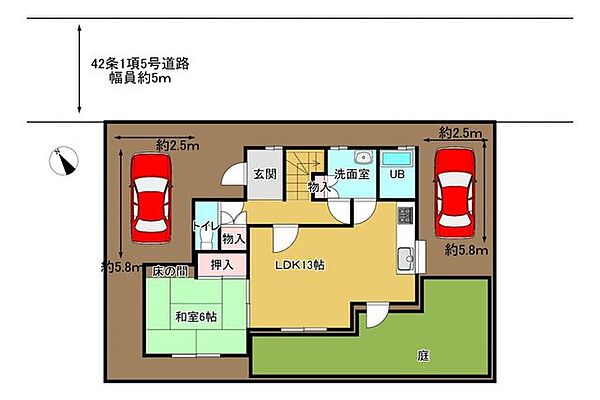 【区画図】お車2台駐車可能です。自転車置き場としても使用できるので、ご家族でのお住まいにも利用いただけます。お家の後ろ側にはお庭があるので、家庭菜園などできますね。