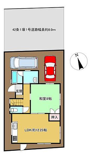 【区画図】駐車2台可能。前面道路が8ｍあるので駐車が苦手な方でも楽です。