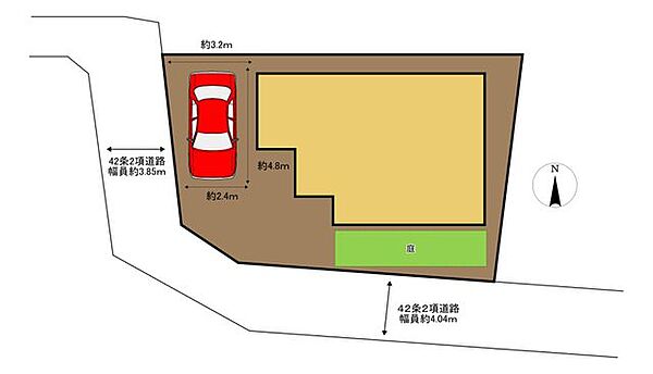 【区画図】お車1台駐車可能です。角地のため、日当たりばっちりです。