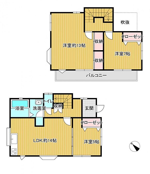 【間取図】2階には約13帖の広い洋室がある、3LDKの間取です。全室洋室の間取に変更致します。各居室収納スペースがあるのが嬉しいですね。