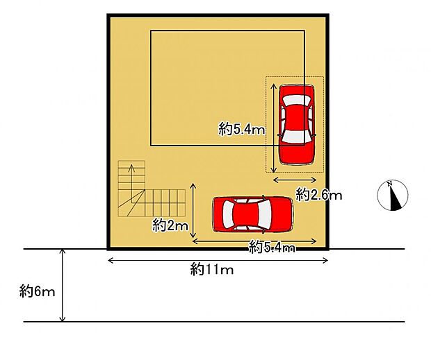 【区画図】前面道路は約6mあり、スムーズに駐車ができます。シャッター付きのビルトインガレージとカースペースに普通車2台駐車可能です。